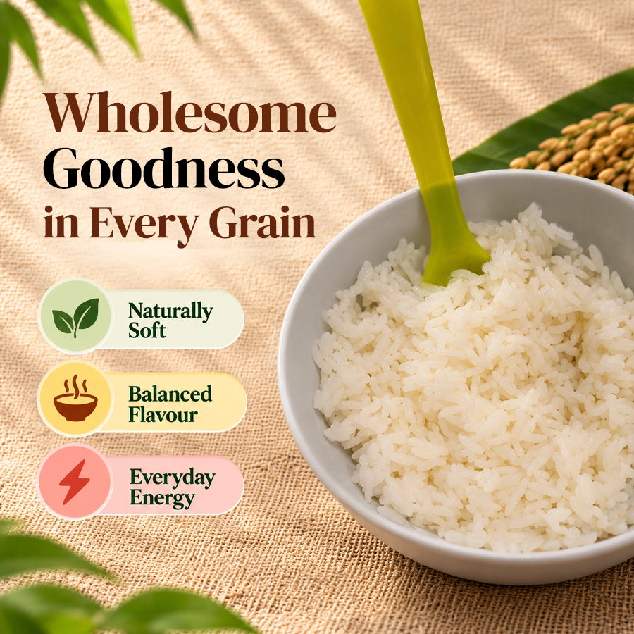 Mother’s Thanjavur Ponni Rice cooks naturally soft with balanced flavour, making it suitable for everyday family meals and South Indian dishes.