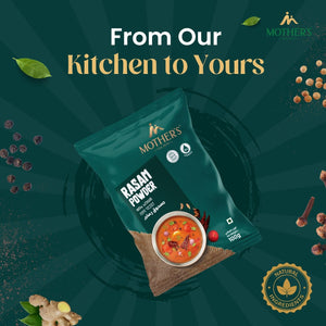 Mother’s Rasam Powder reduces reliance on multiple spices by using traditional preparation methods with natural ingredients.