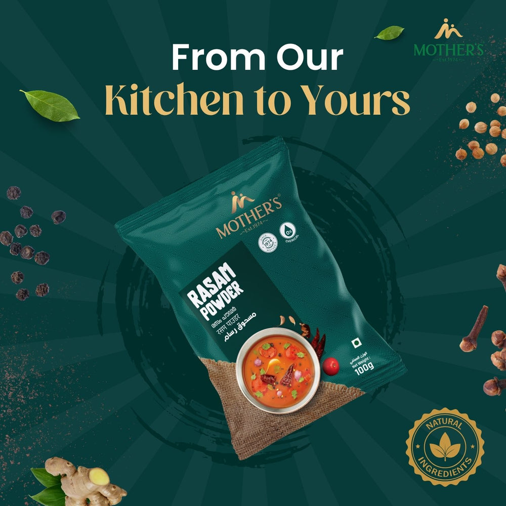 Mother’s Rasam Powder reduces reliance on multiple spices by using traditional preparation methods with natural ingredients.
